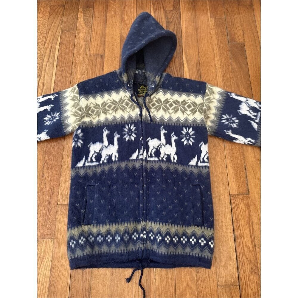 Tejidos Ruminahui Blue White Alpaca Hoodie Zip Sweater Jacket Unisex Kids size 8 - Picture 2 of 6